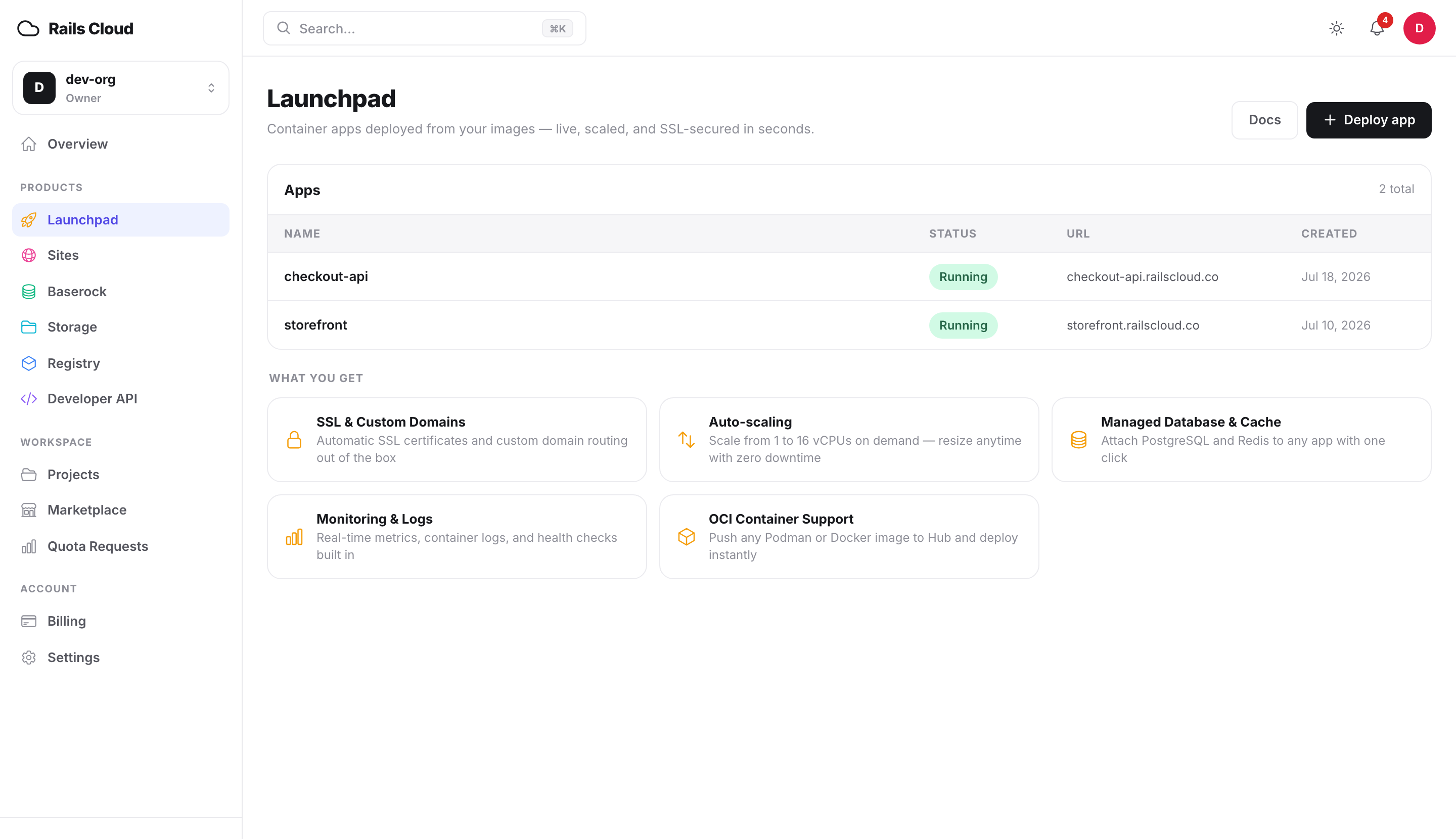 Apps running on Launchpad in the Rails Cloud console